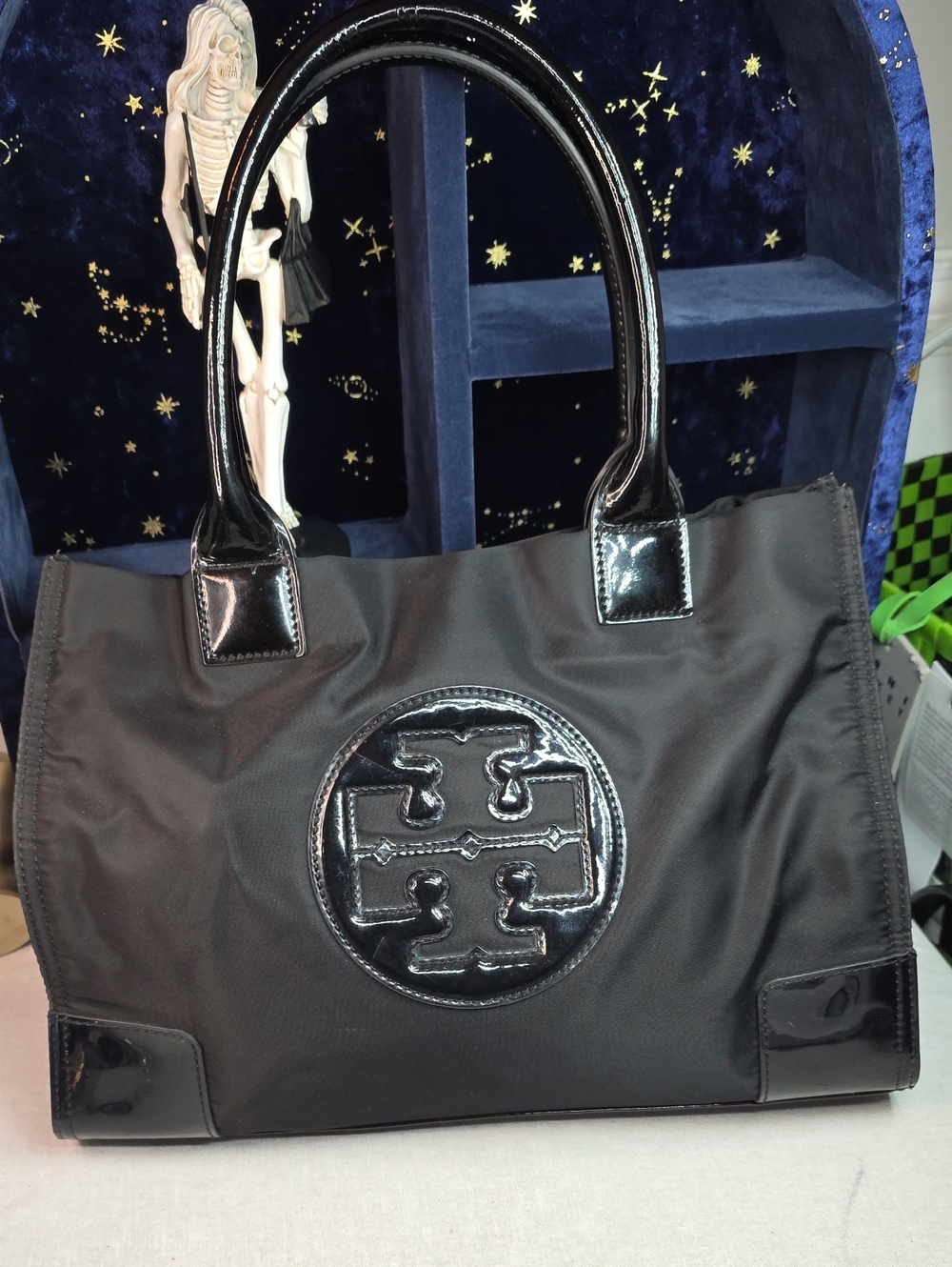 Tory Burch Black Logo Nylon Tote with Patent Trim
